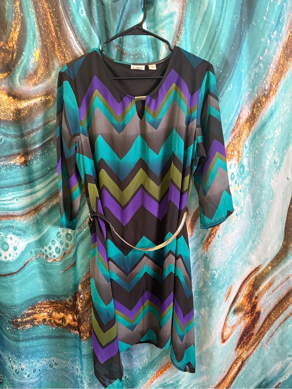 Cato Chevron-Print Long Sleeve Dress in Teal, Purple, Black & Gray